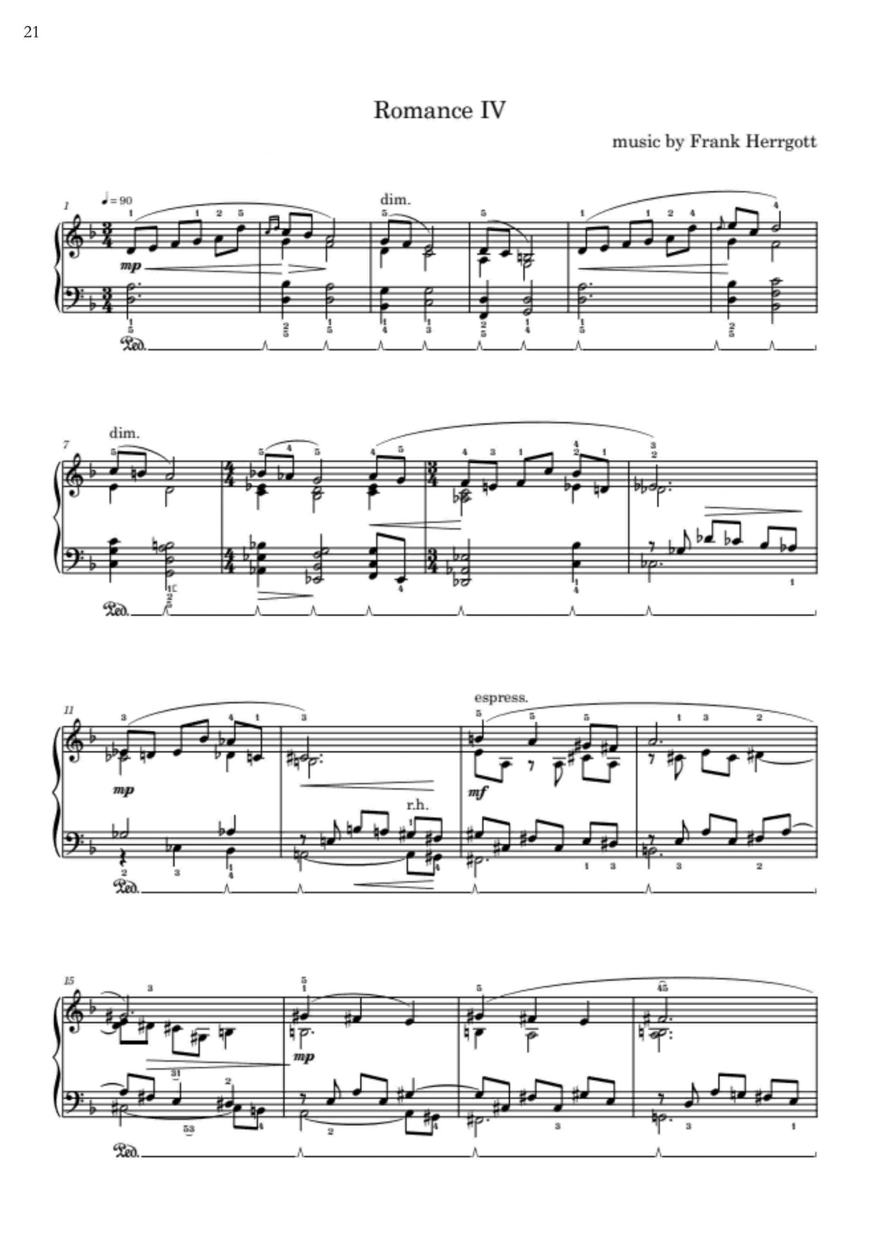 Romances Without Words, Op. 3 – Sample Page 21 Sample page 21 of Romances Without Words, Op. 3 by Frank Herrgott – piano score excerpt