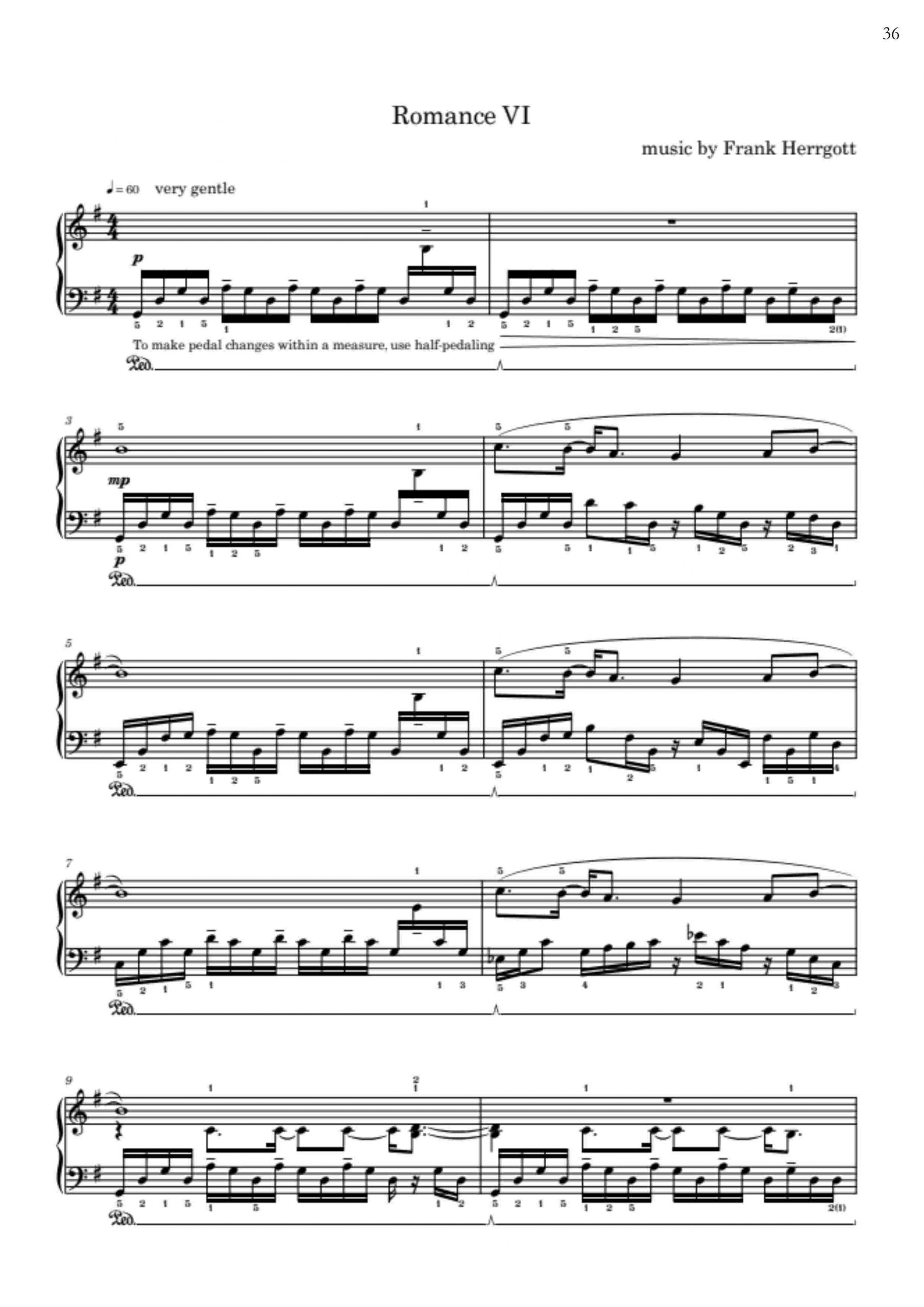 Romances Without Words, Op. 3 – Sample Page 36 Sample page 36 of Romances Without Words, Op. 3 by Frank Herrgott – piano score excerpt