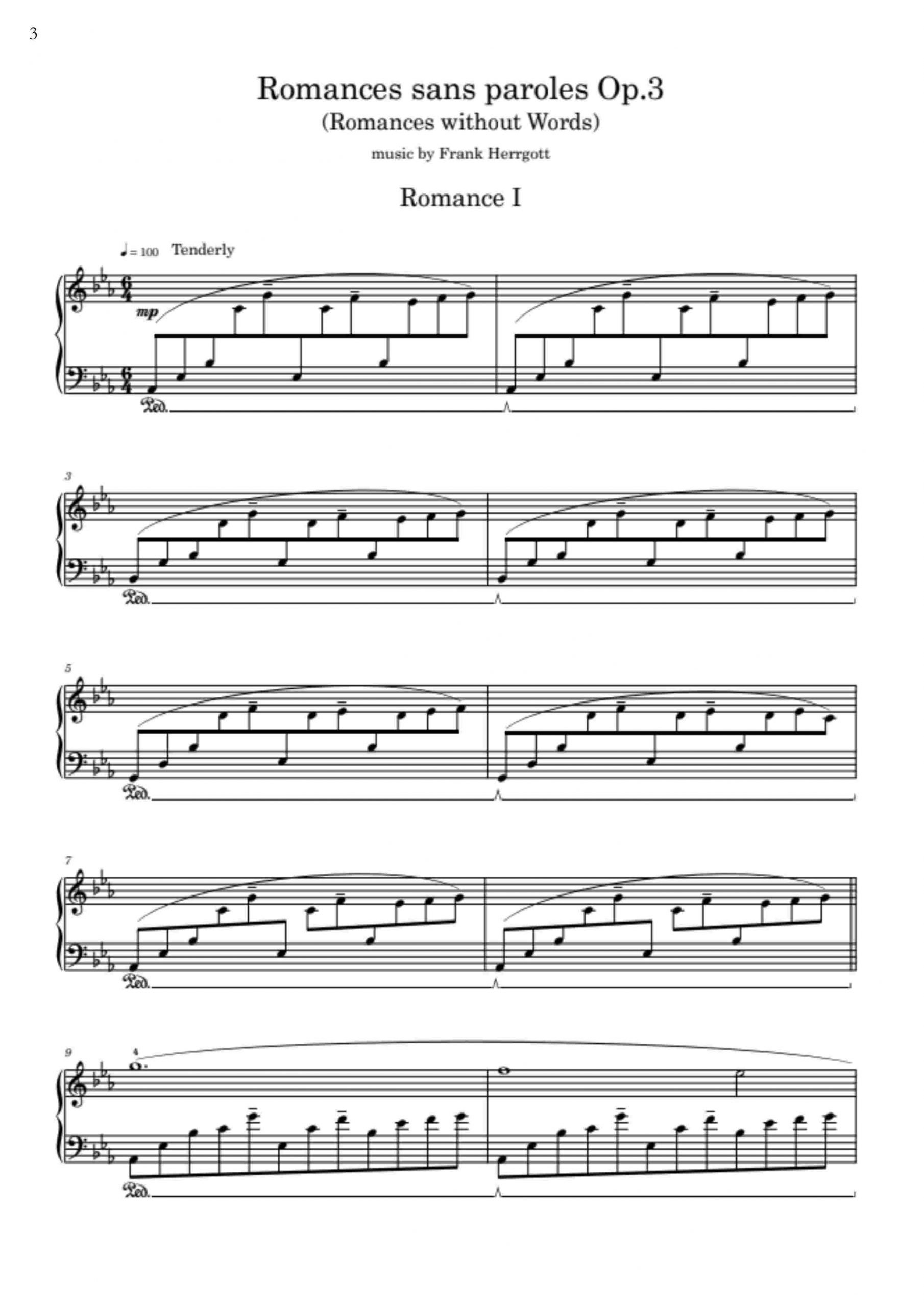 Romances Without Words, Op. 3 – Sample Page 3 Sample page 3 of Romances Without Words, Op. 3 by Frank Herrgott – piano score excerpt